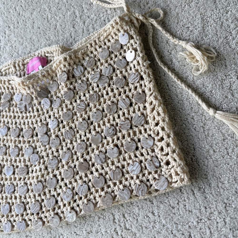 Edikted Alora Iridescent Crochet Mini Skirt Womens Size S Beige Sequin Boho Tie - Picture 6 of 10